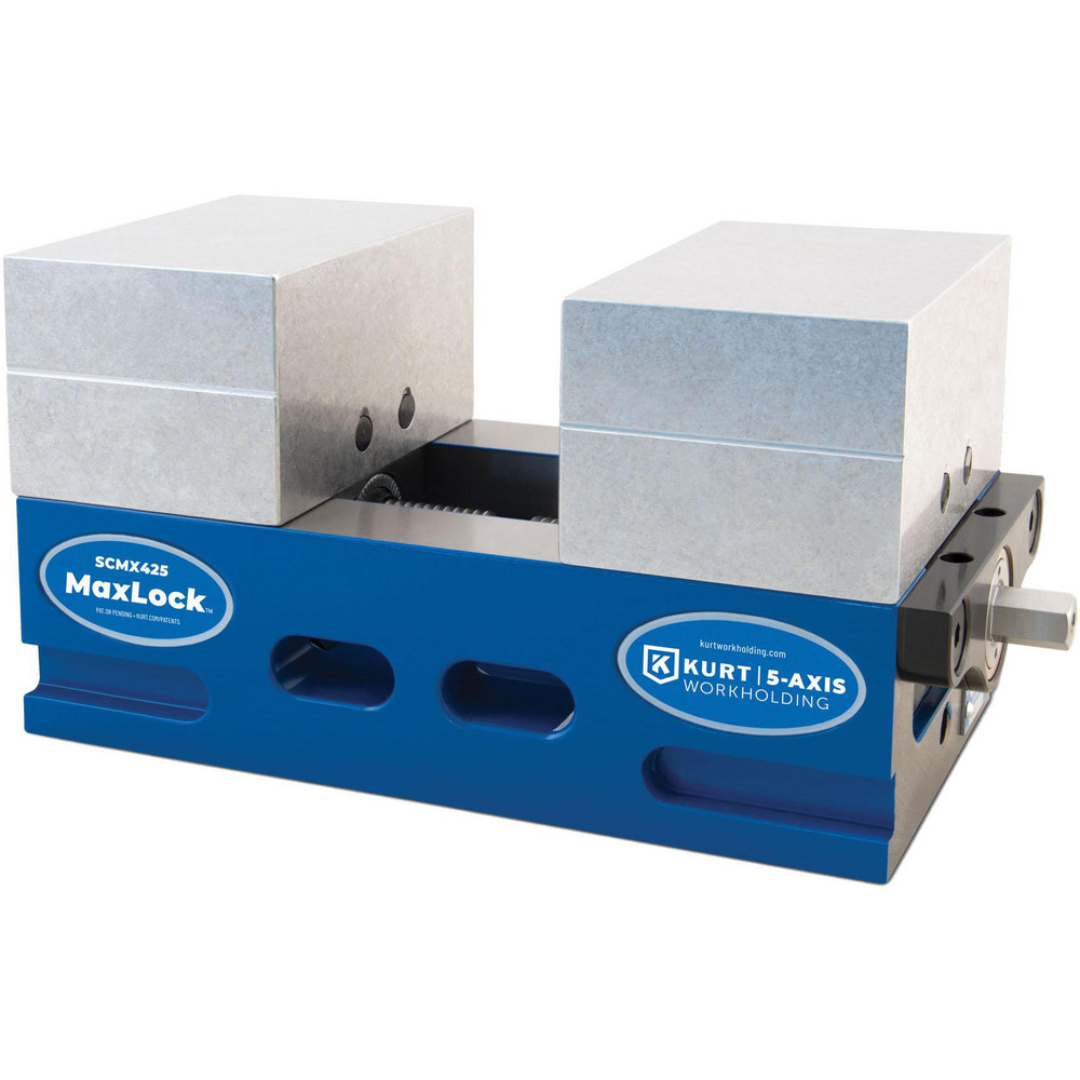 Kurt Modular Vise: 4" Jaw Width, 2.2500" Jaw Height, 2.5000" Jaw Opening Capacity SCMX425 precision modular workholding vise featuring elevated hardened jaws, MaxLock clamping technology, and rigid construction for 5-axis CNC machining applications.