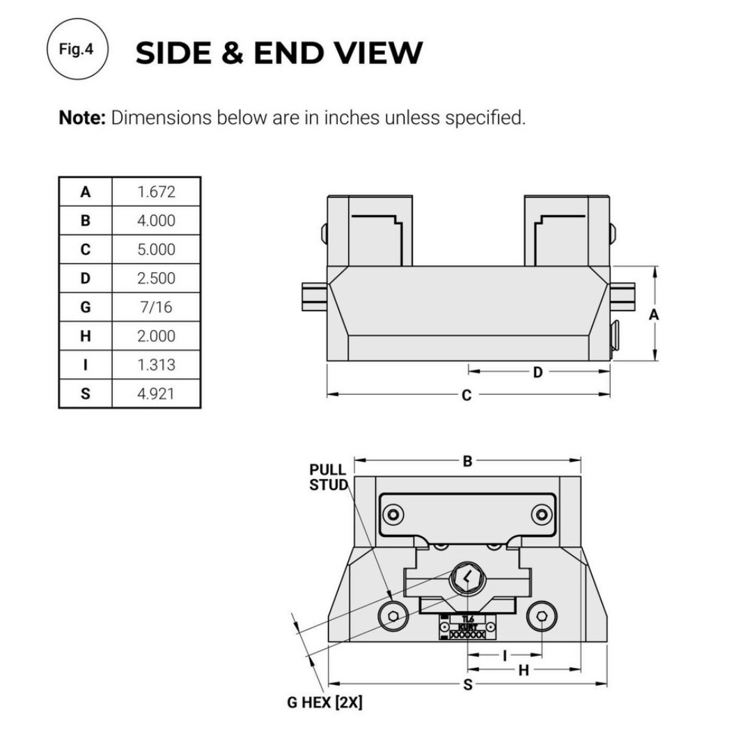 Kurt Self-Centering Vise: PFW, 2.6090" Max Jaw Opening 68624097 side and end view technical drawing showing overall dimensions, jaw geometry, vise body configuration, and critical measurement references.