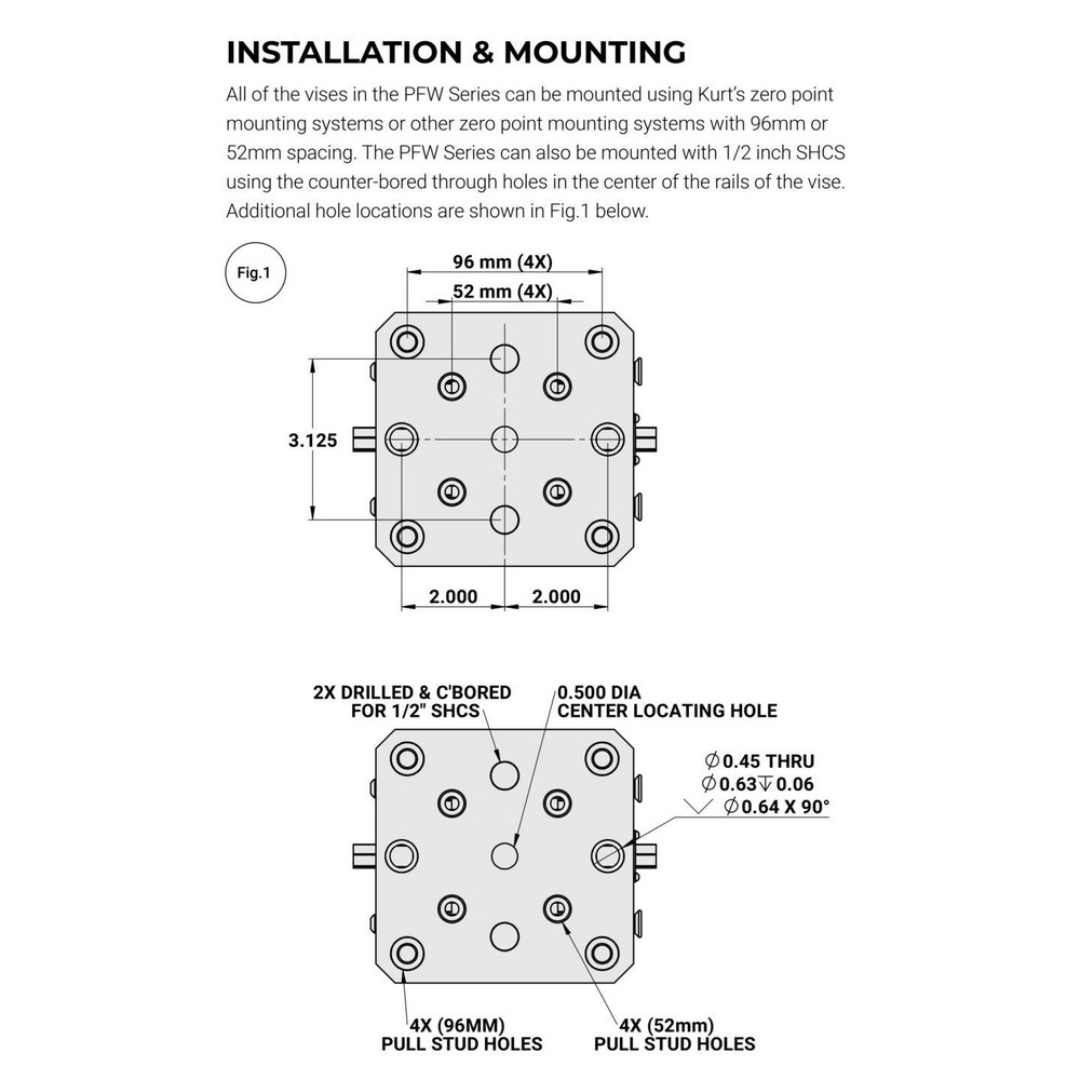 Kurt Self-Centering Vise: PFW, 4.5010" Max Jaw Opening 55542096 mounting dimensions drawing displaying bolt patterns, mounting hole locations, and detailed engineering specifications for accurate machine installation and setup.
