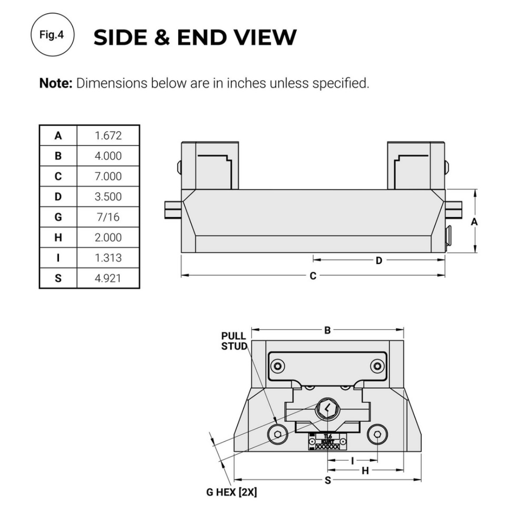 Kurt Self-Centering Vise: PFW, 4.6060" Max Jaw Opening 68624501 technical side and end view drawing displaying dimensional specifications and vise geometry for machine setup and workholding applications.