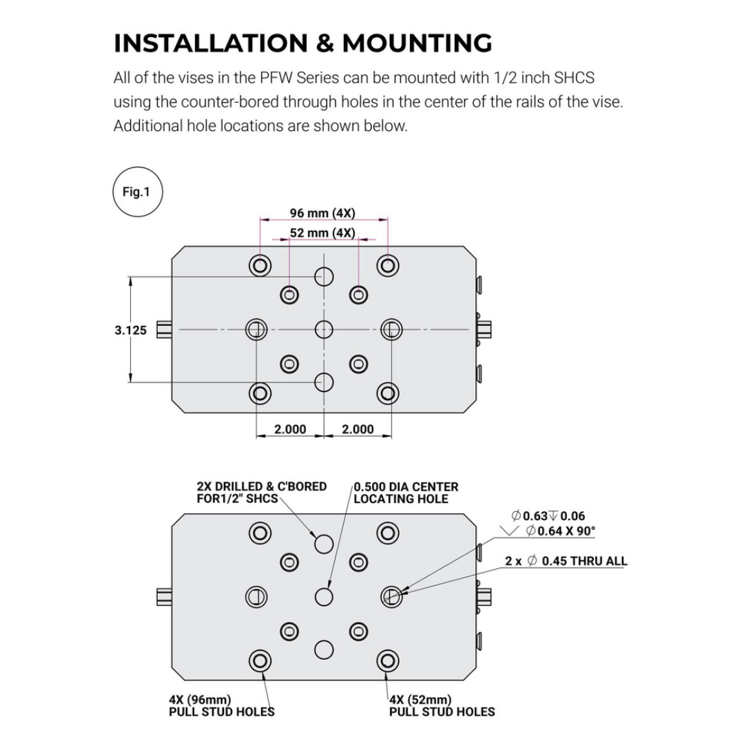 Kurt Self-Centering Vise: PFW, 6.6060" Max Jaw Opening 55542104 mounting dimensions drawing displaying bolt patterns, mounting hole locations, and detailed engineering specifications for accurate machine installation and setup.