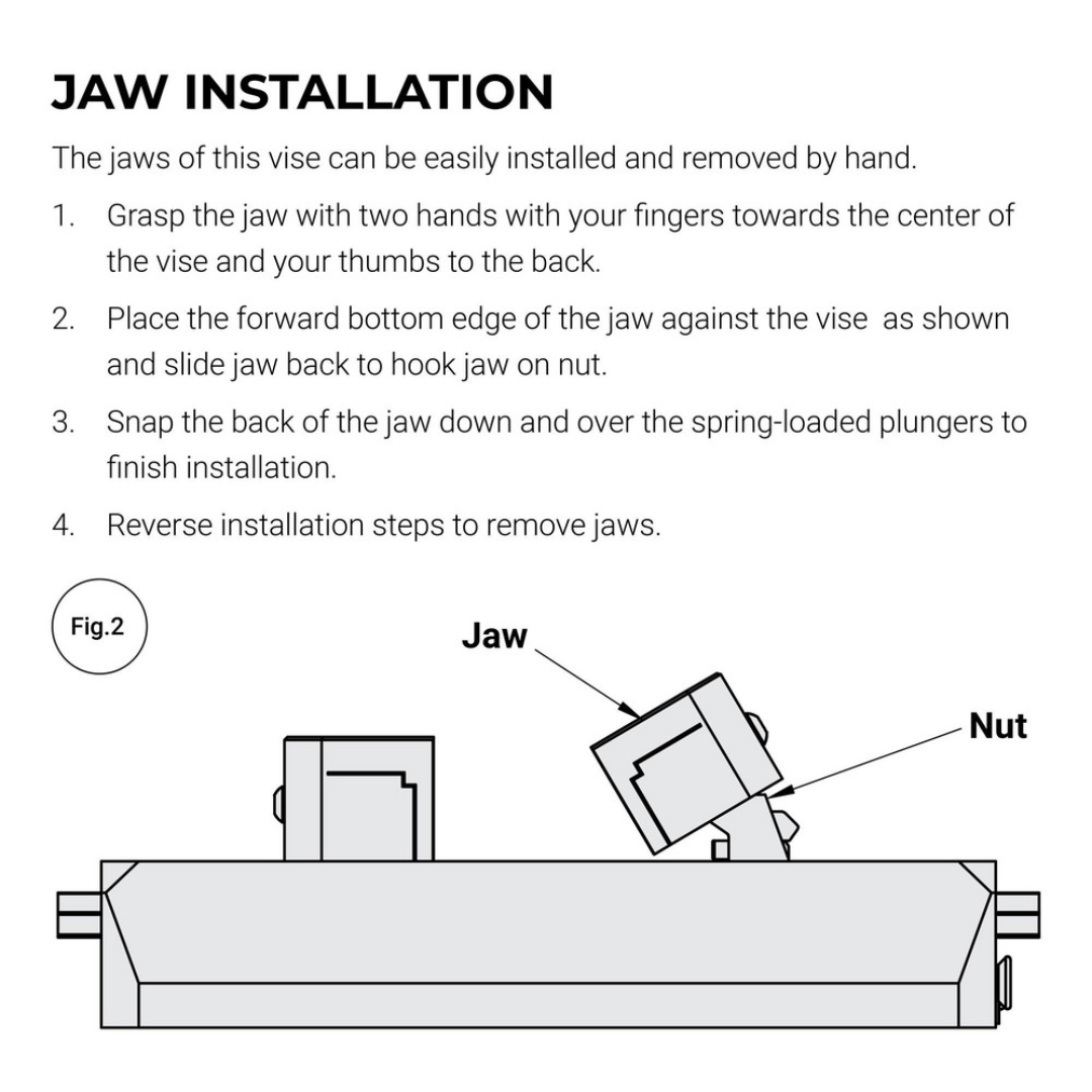 Kurt Self-Centering Vise: PFW, 6.6250" Max Jaw Opening 55542138 jaw installation guide illustrating proper jaw mounting procedures and setup recommendations for optimal workholding performance.