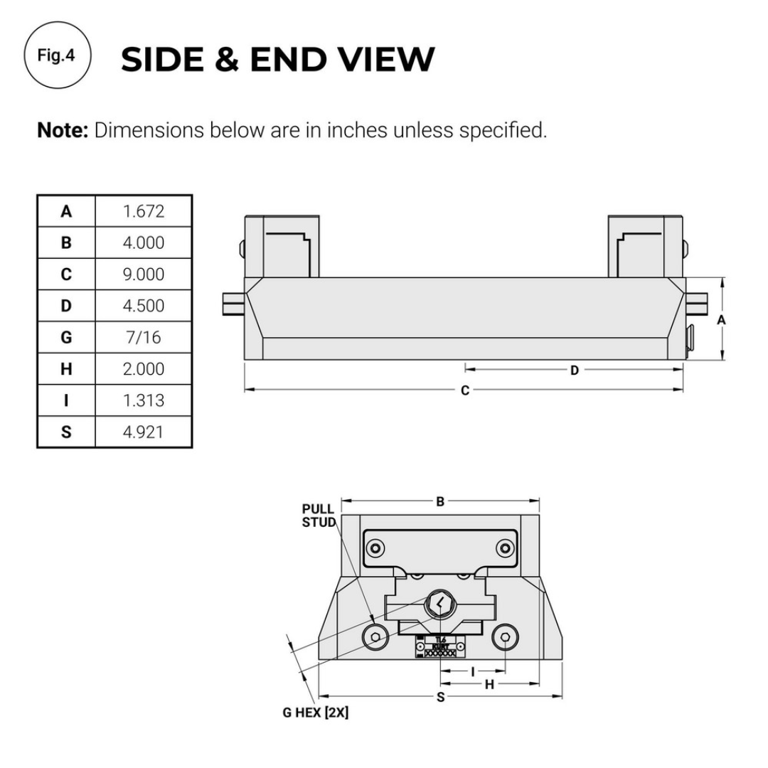 Kurt Self-Centering Vise: PFW, 6.6250" Max Jaw Opening 55542138 side and end view technical drawing displaying vise dimensions, jaw configuration, and engineering reference measurements.