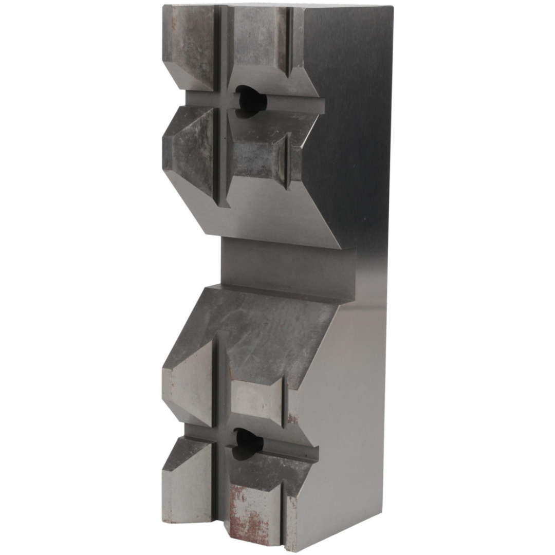 Kurt Vise Jaw: 5.97" Wide, 1.8800" High, 1.8750" Thick, V-Groove 09219767 angled side view highlighting the deep V-groove geometry and precision-machined gripping surfaces for enhanced workholding versatility.
