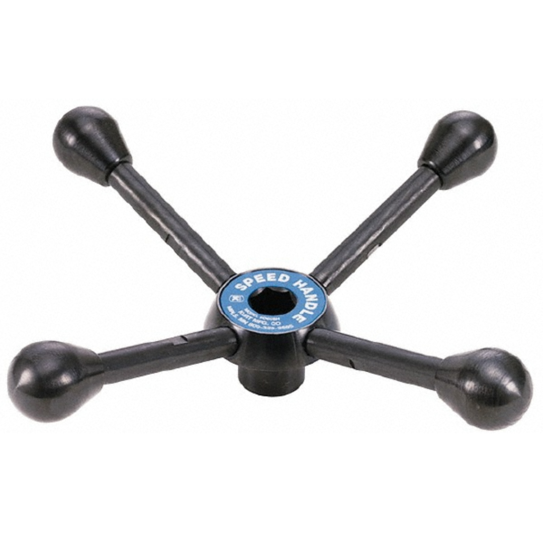 Kurt Vise Jaw Accessory: Handle 09215161 heavy-duty steel vise handle featuring a four-spoke design with ball-end grips for smooth, controlled adjustment and secure workholding performance.