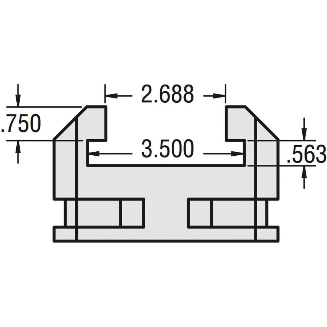 Kurt Vise Jaw Accessory: Riser MX350RS side-view engineering drawing illustrating overall height, width, mounting features, and precision-machined riser design for machining applications.