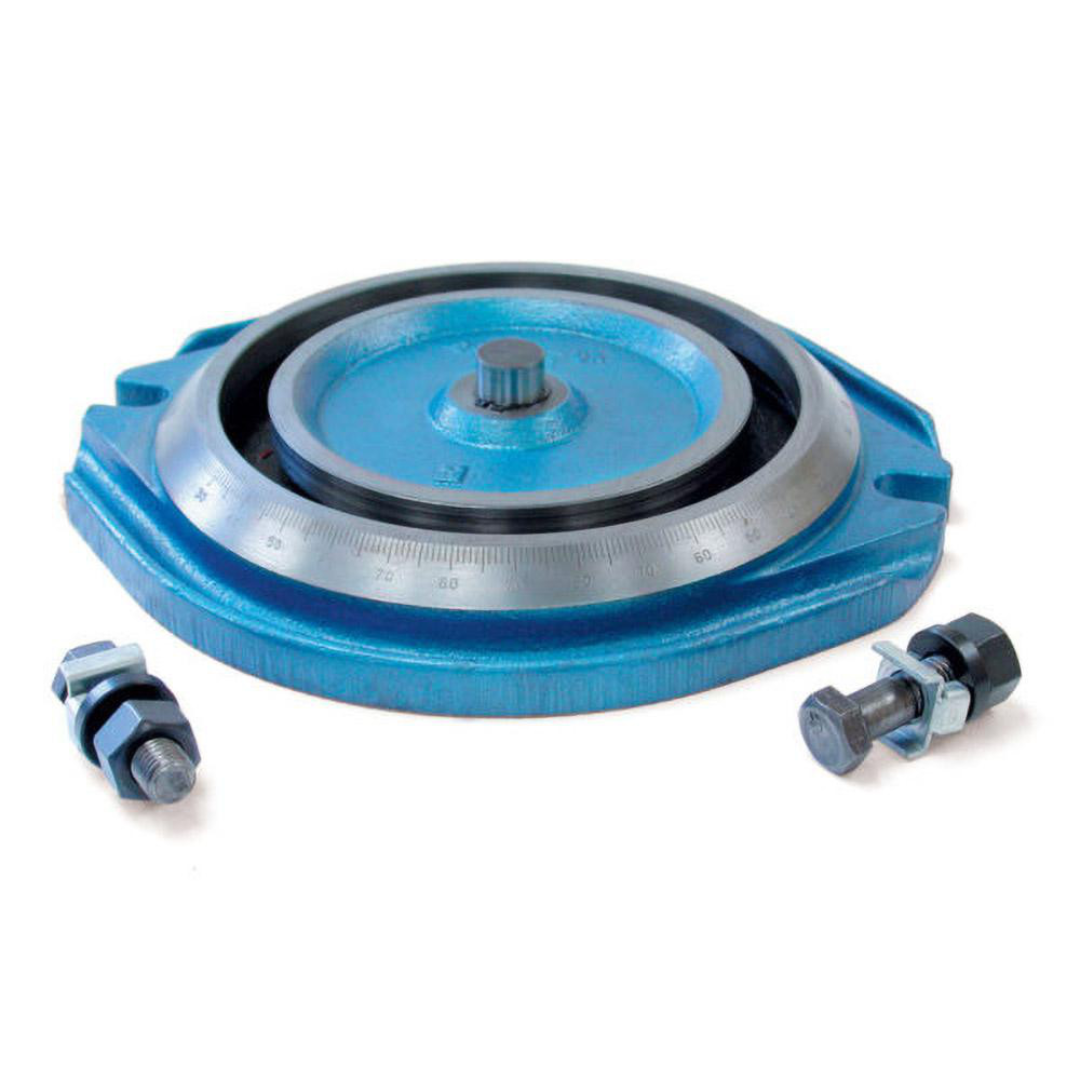 Kurt Vise Jaw Accessory: Swivel Base 09215252 industrial swivel base shown in angled view with mounting hardware, designed to provide smooth rotational positioning and secure support for precision machining and workholding applications.