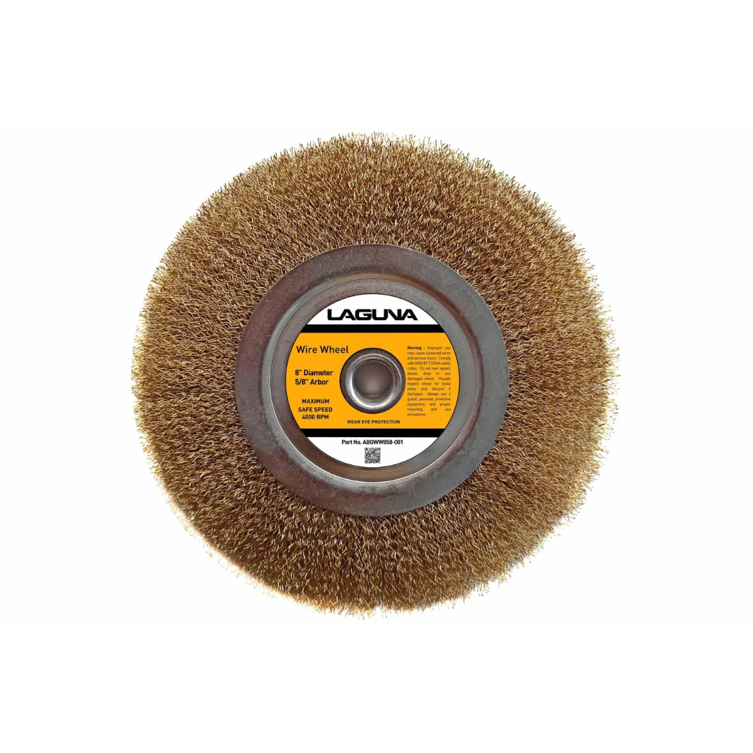 Laguna 8″ Grinder Wire Wheel ABGWW858-001 circular wire brush wheel with dense crimped brass-coated steel wires and 5/8″ arbor for bench grinder cleaning and surface preparation.