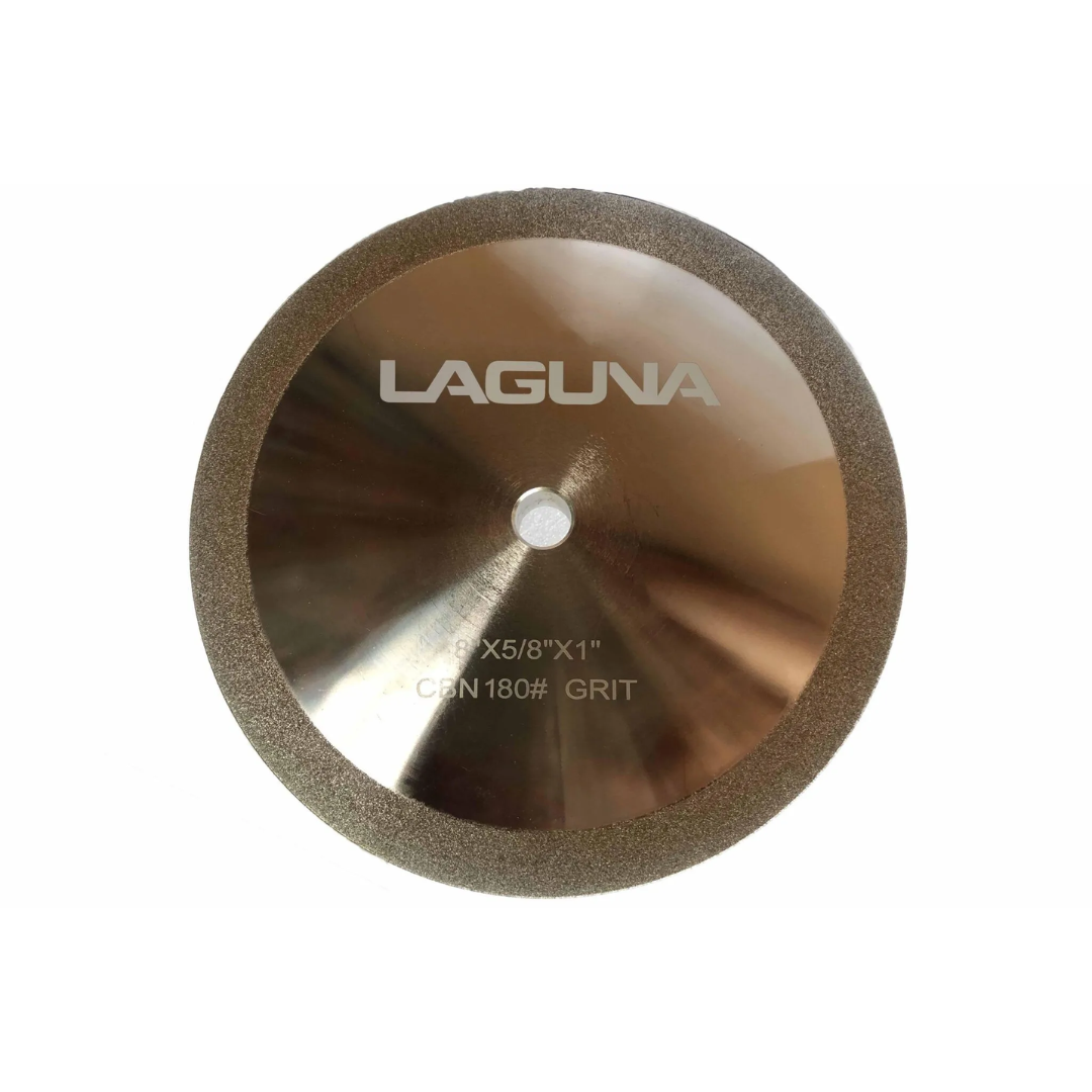 Laguna CBN Wheel angled view showing smooth machined body, abrasive rim, and center arbor hole for bench grinder mounting.