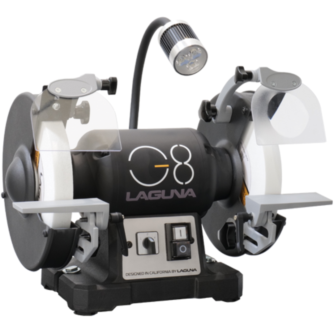 Laguna G8 Dual Speed Bench Grinder MBGG8-001 with dual grinding wheels, integrated LED work light, and heavy-duty base for precision grinding applications.