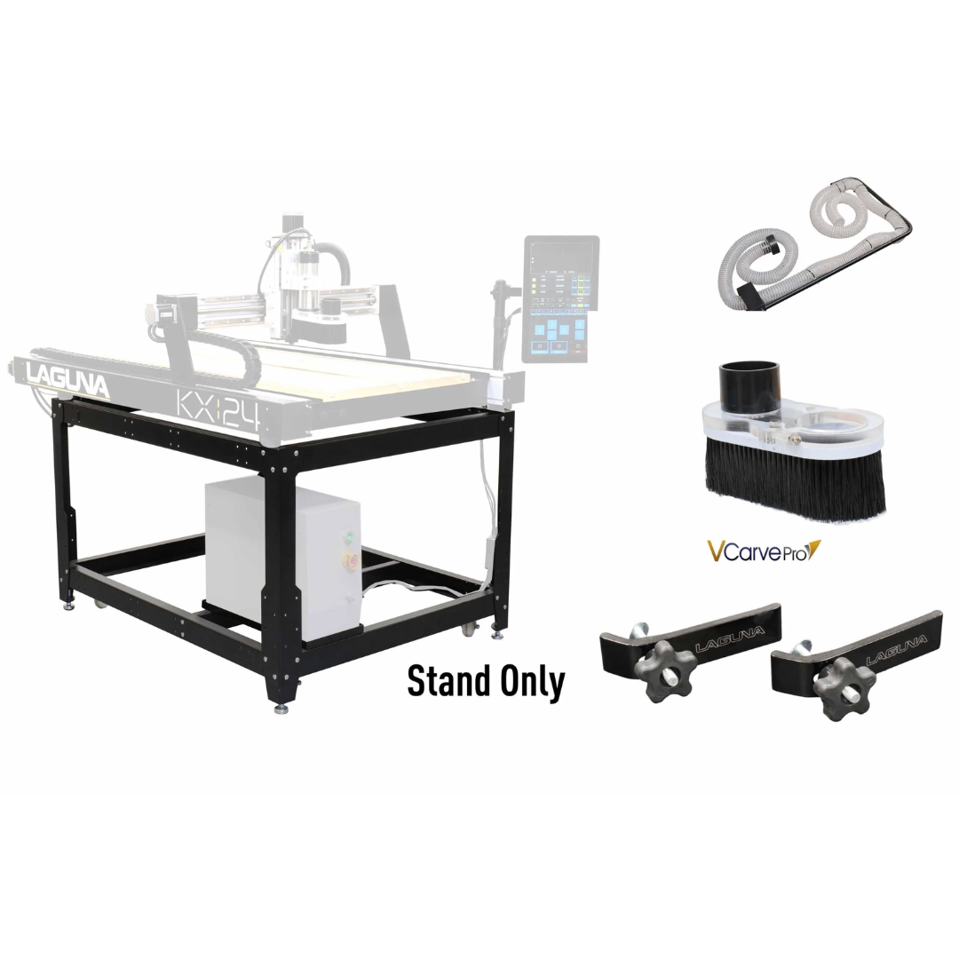 Laguna KX|24 Accessories Bundle overhead dust collection kit with flexible hose and arm for Laguna KX|24 KX2401 CNC router
Laguna KX|24 Accessories Bundle dust shoe attachment with brush skirt for Laguna KX|24 KX2401 CNC router spindle
Laguna KX|24 Accessories Bundle VCarve Pro software included with Laguna KX|24 KX2401 CNC router package
Laguna KX|24 Accessories Bundle hold-down clamp set with two clamps for Laguna KX|24 KX2401 CNC router worktable