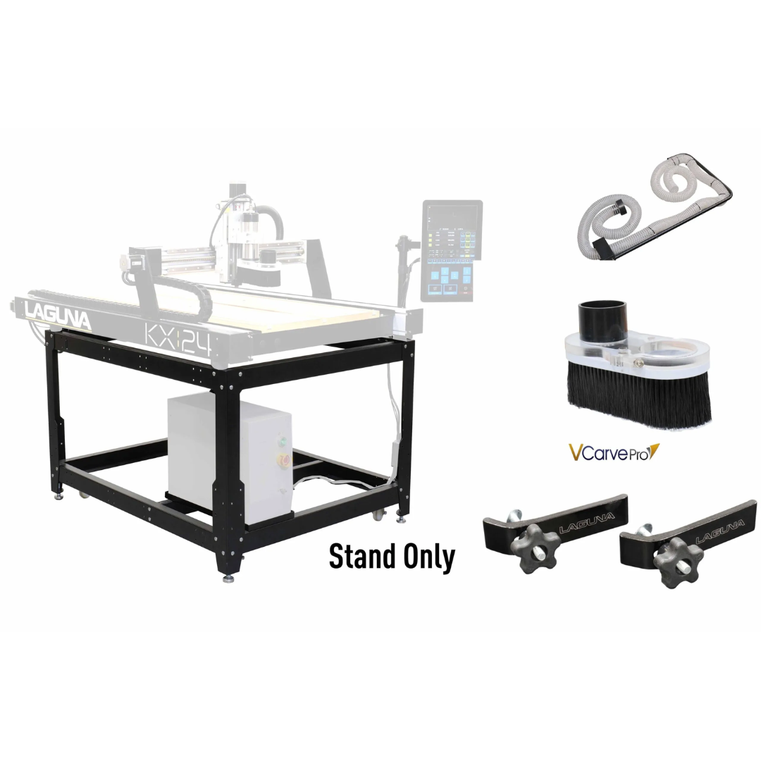 Laguna KX|24 Accessories Bundle overhead dust collection kit with flexible hose and articulated arm for CNC dust extraction
Laguna KX|24 Accessories Bundle dust shoe with brush skirt for Laguna KX|24 KX2401 CNC router spindle
Laguna KX|24 Accessories Bundle VCarve Pro software package for CNC design and toolpath creation
Laguna KX|24 Accessories Bundle hold-down clamp set with two clamps for secure material positioning on CNC table