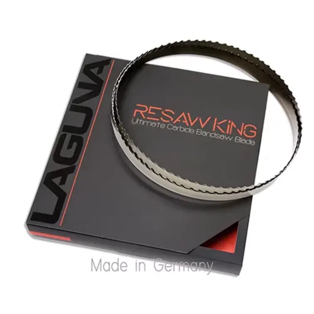 Laguna Resaw King Carbide Bandsaw Blade 1" x 145" BBRK-1-145 displayed coiled on Laguna Resaw King packaging showing carbide-tipped teeth