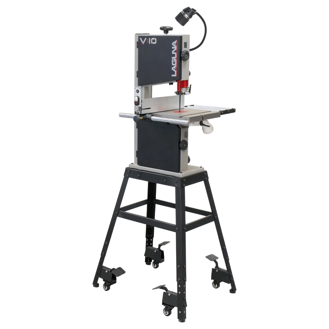 Laguna V:10 Bandsaw MBAND10V10 floor-standing bandsaw with cast iron table, adjustable blade guard, and wheeled metal stand
