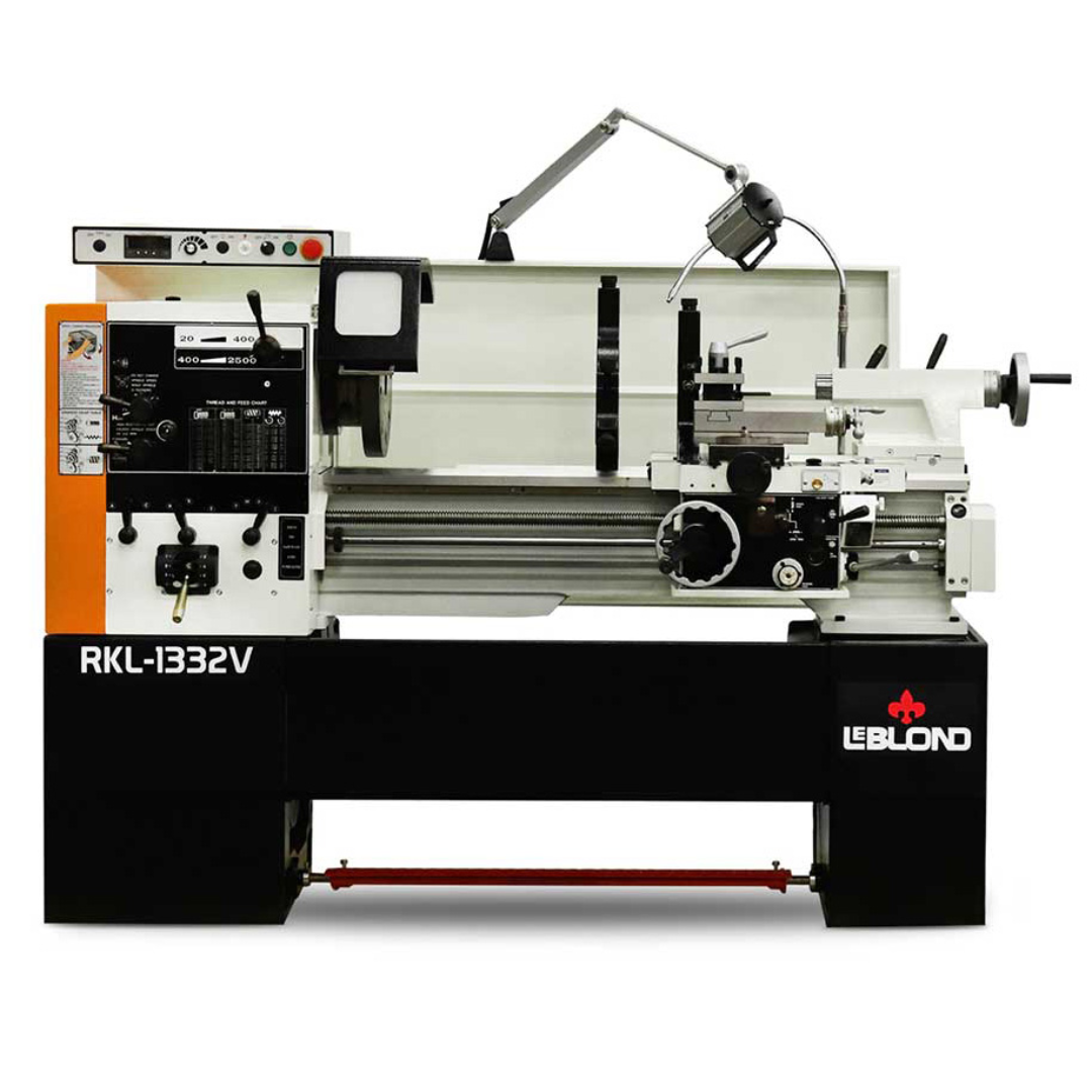LeBlond RKL1300V Series variable speed lathe with electronic control, featuring precision manual controls, digital speed interface, adjustable spindle speeds, and integrated work light for metalworking applications.