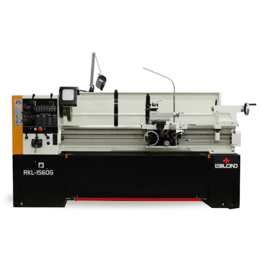 LeBlond RKL1500G Series geared head high-speed precision lathe featuring heavy-duty manual controls, gearbox spindle, wide bed construction, and integrated work light for industrial metal turning applications.