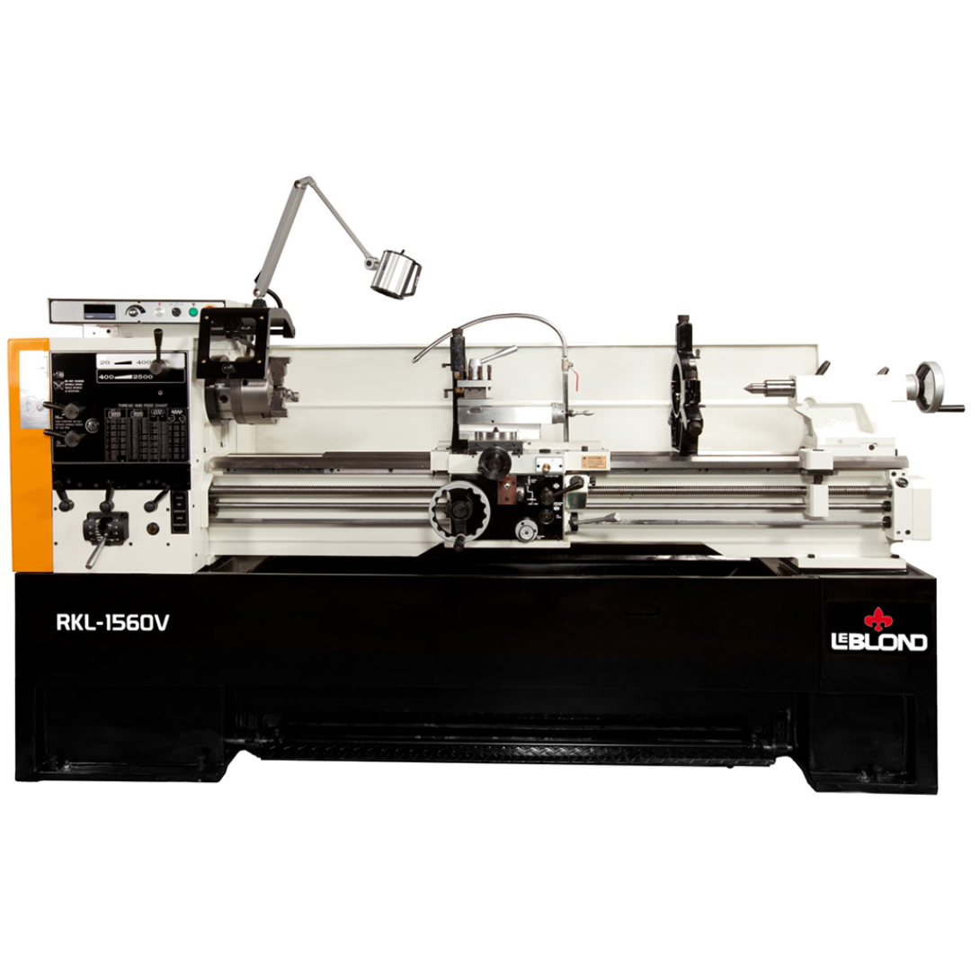 LeBlond RKL1500V Series variable speed lathe with electronic control, featuring heavy-duty construction, digital RPM display, adjustable spindle speeds, and precision manual controls for industrial metalworking.