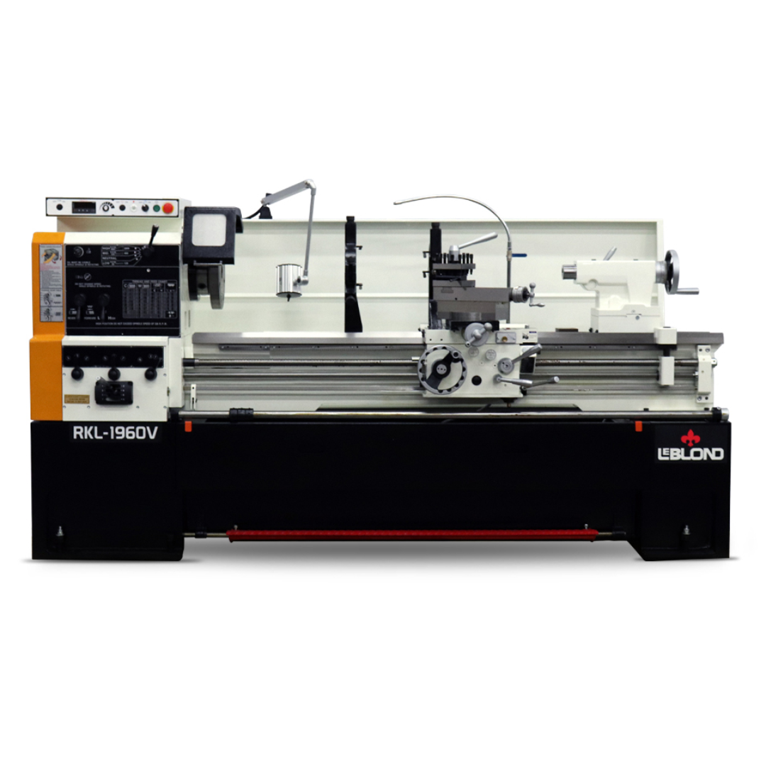 LeBlond RKL1900V Series Variable Speed Lathe with Electronic Control featuring digital RPM display, precision carriage system, variable speed headstock, and heavy-duty industrial bed for metalworking