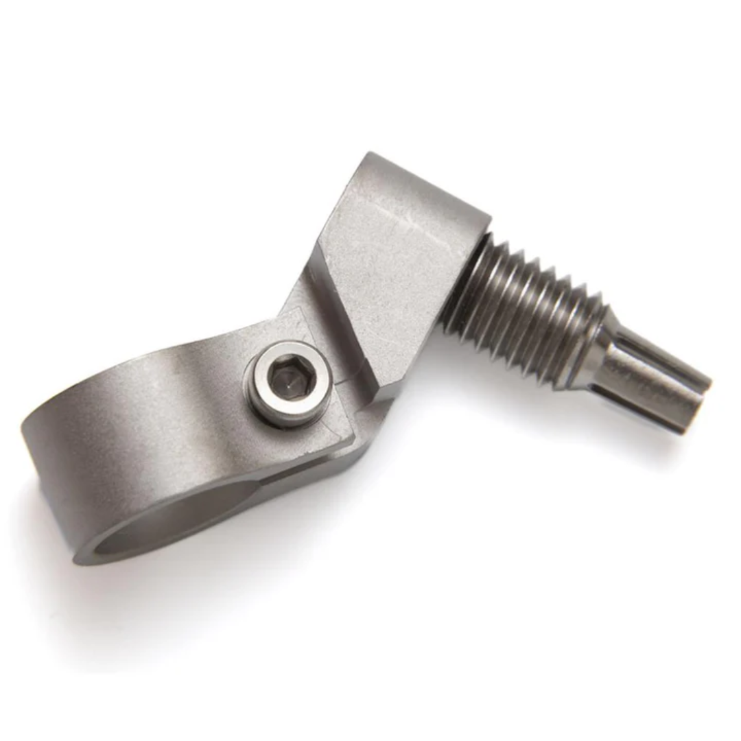 LightBOT Cobot Wire Feeder Nozzle Adapter - Fanuc CRX stainless steel angled nozzle adapter with threaded connector and mounting clamp