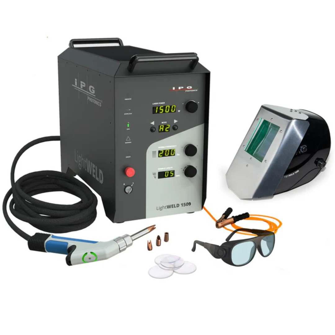 LightWELD 1500 handheld laser welding and cleaning system SYSHHW000000002U complete kit with power unit, welding gun, safety helmet, protective glasses, and accessories on display