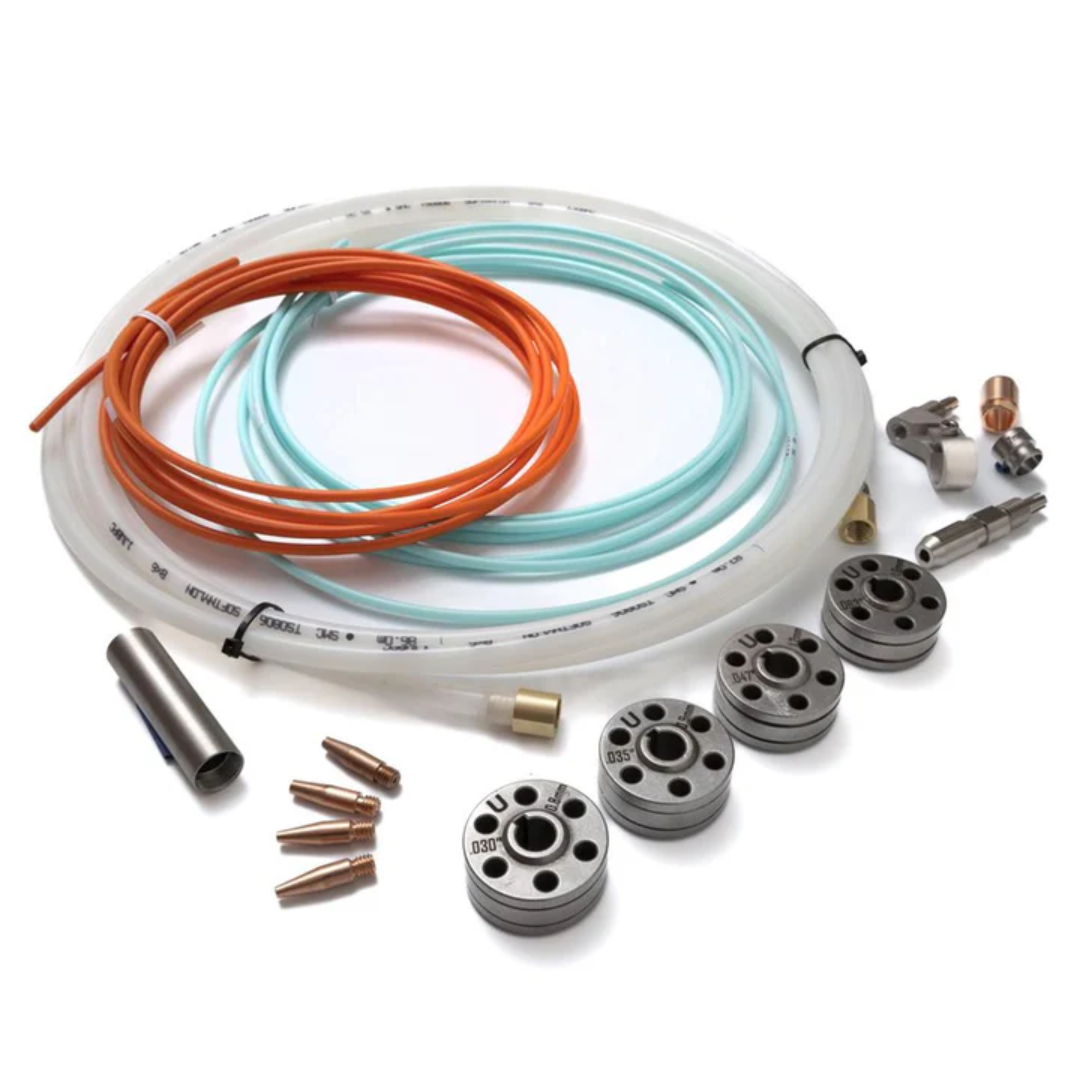 LightWELD Aluminum and Soft Wire Accessories Kit complete welding accessory set with liners, nozzles, tips, and feeder components on white background
