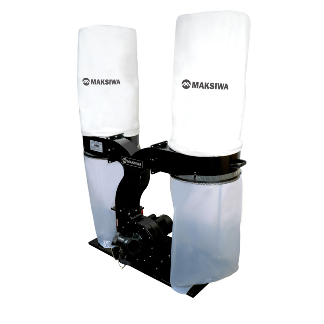 Maksiwa CPD/3.C industrial dust collector with dual white filter canisters and black steel base, front view
