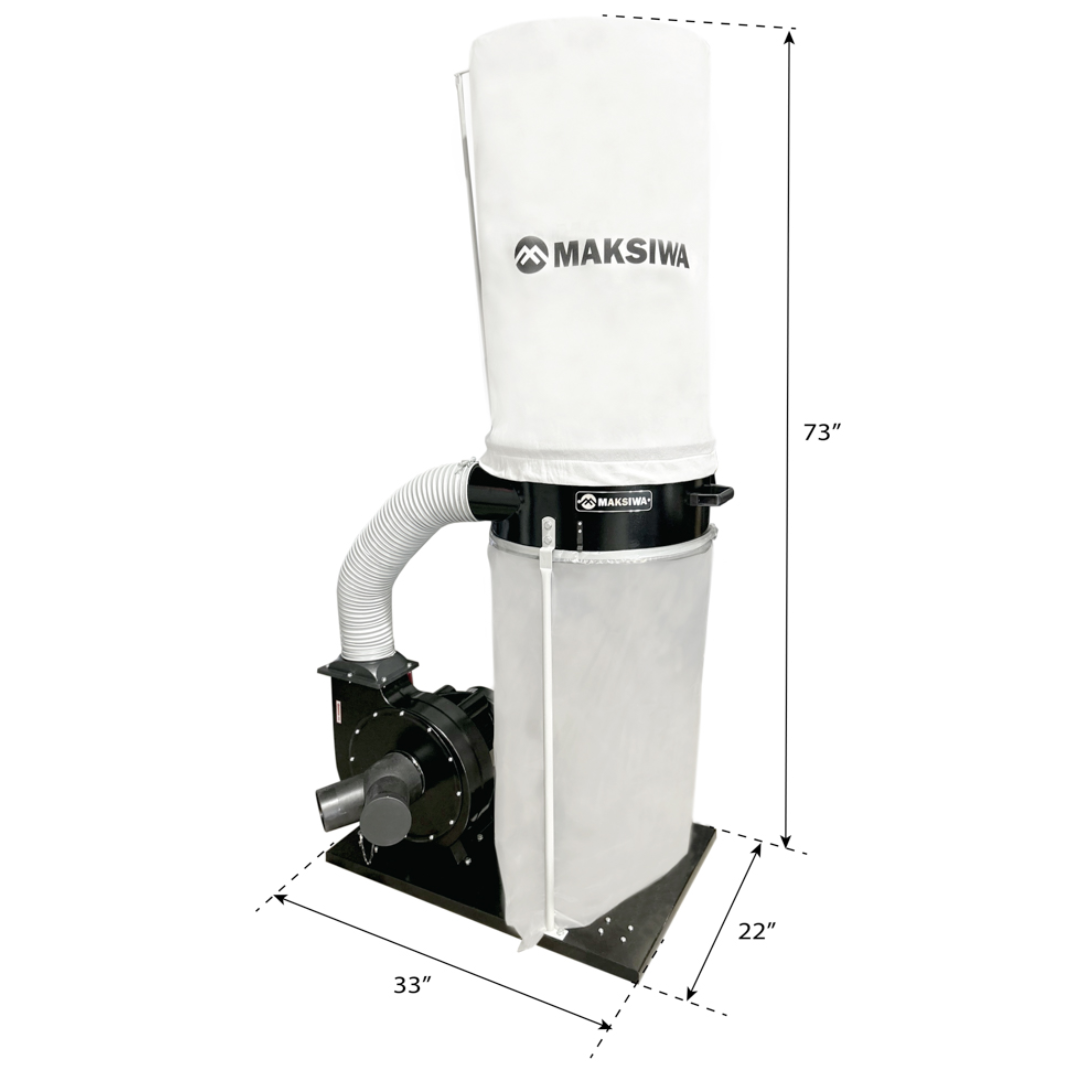 Maksiwa CP/2.C Dust Collector dimension diagram showing overall height, base footprint, and unit layout