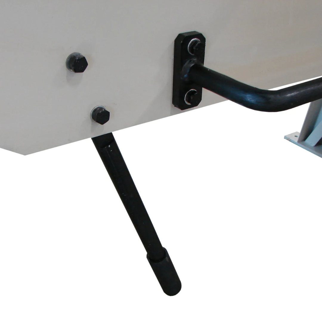Manual adjustment handle assembly on the Baileigh 48-Inch Box & Pan Brake, 14-Gauge Mild Steel (BB-4814) 1000417 designed for efficient clamping and material positioning.