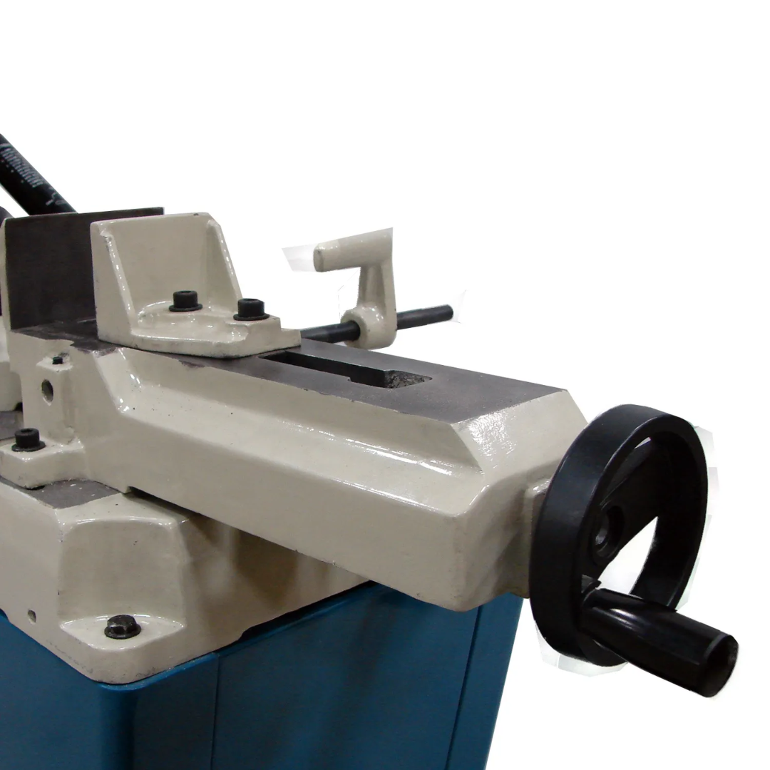 Material vise and clamping assembly on the Baileigh Portable Metal Cutting Band Saw - BS-128M 1001095 for secure and accurate workpiece positioning.
