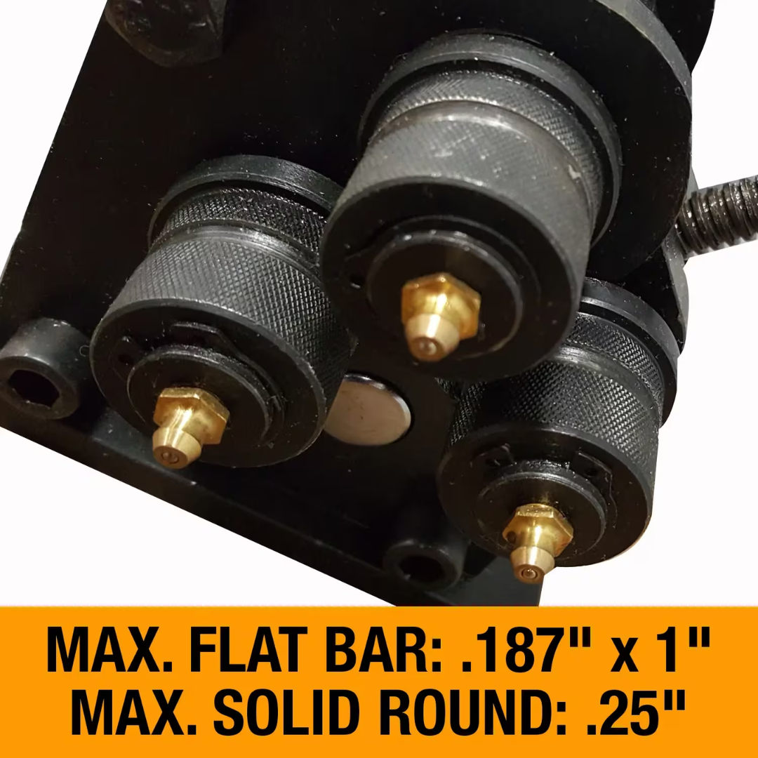 Maximum capacity illustration for the Baileigh Manual Roll Bender (R-M3) 1006851 showing flat bar and solid round stock bending capabilities.
