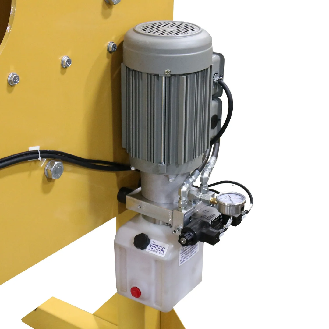 Motor and drive system detail of the Baileigh Louver Press LP-48 BA9-LP48 showcasing industrial electric motor, hydraulic components, and durable fabrication equipment design.