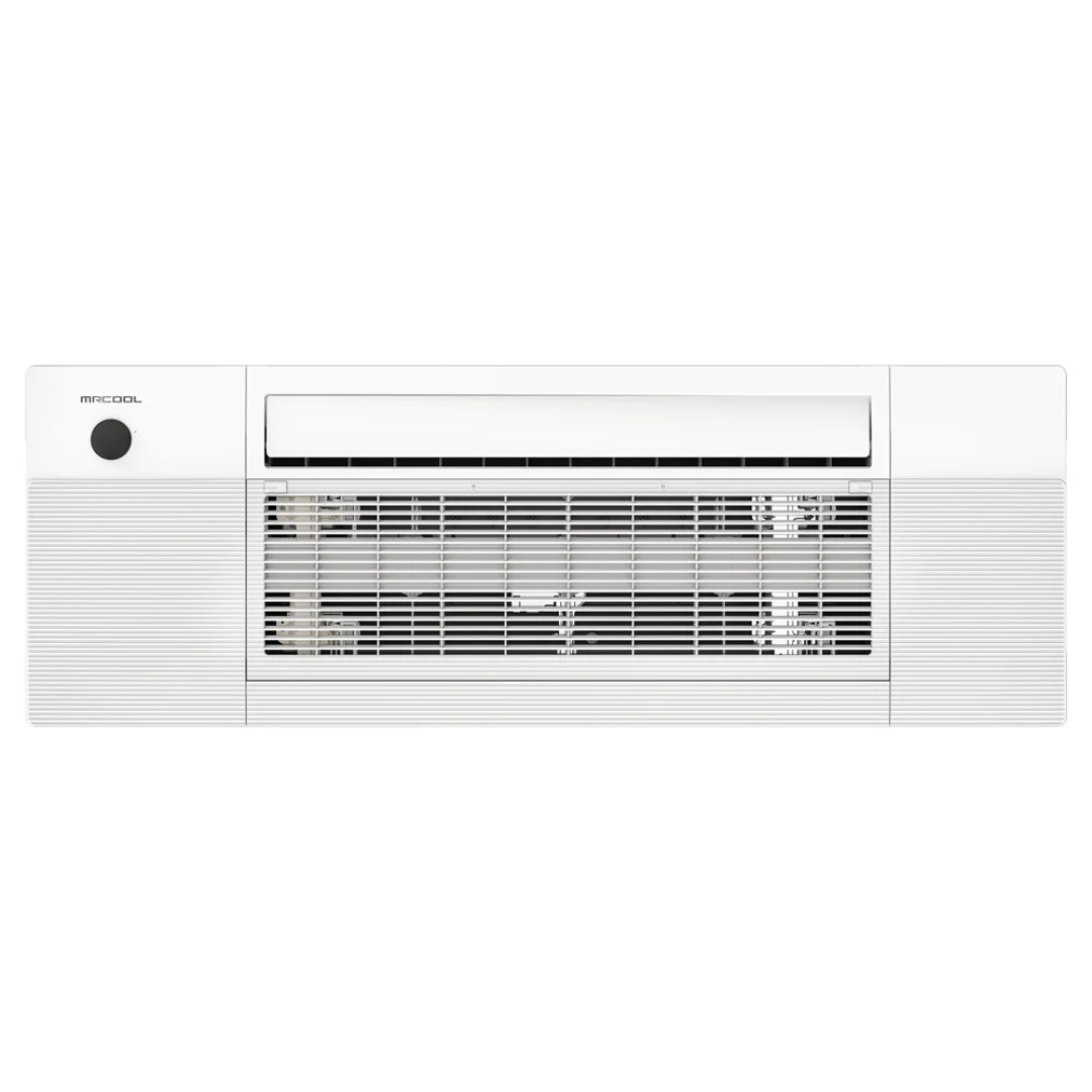 Mrcool DIY 5th Gen OuttaSight DIYCASSETTE09HP-230D25-O recessed ceiling cassette air conditioner with slim profile grille and visible airflow vents for efficient air distribution