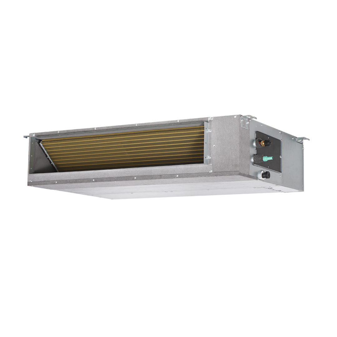 Mrcool Olympus Duct DUCT-09HP-230B-O angled side view highlighting durable metal housing and integrated duct connections.