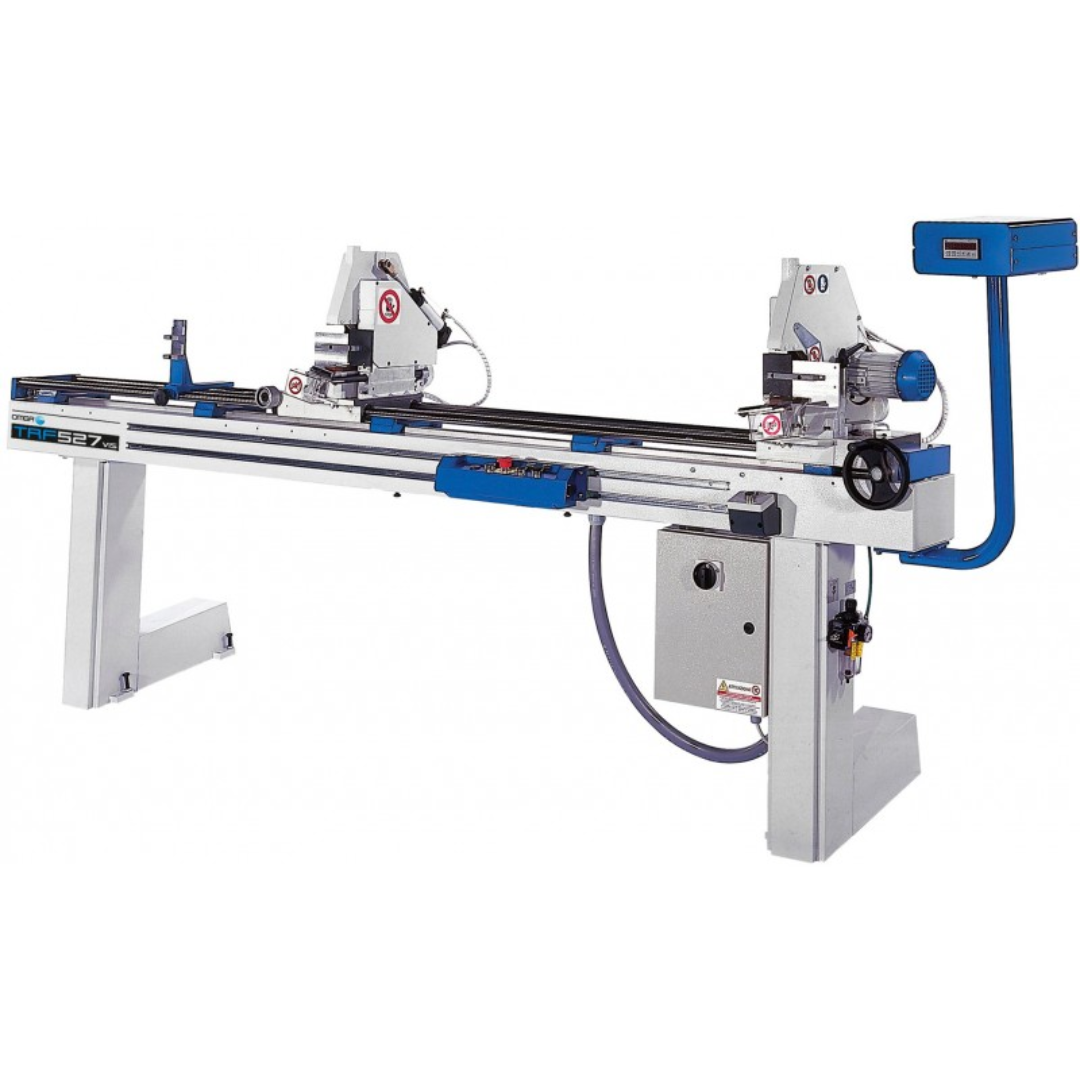 OMGA TRF 527 VIS 8.5" Double Mitre Chop Saw with precision digital positioning system and dual-head profile cutting capability for glazing bead fabrication.