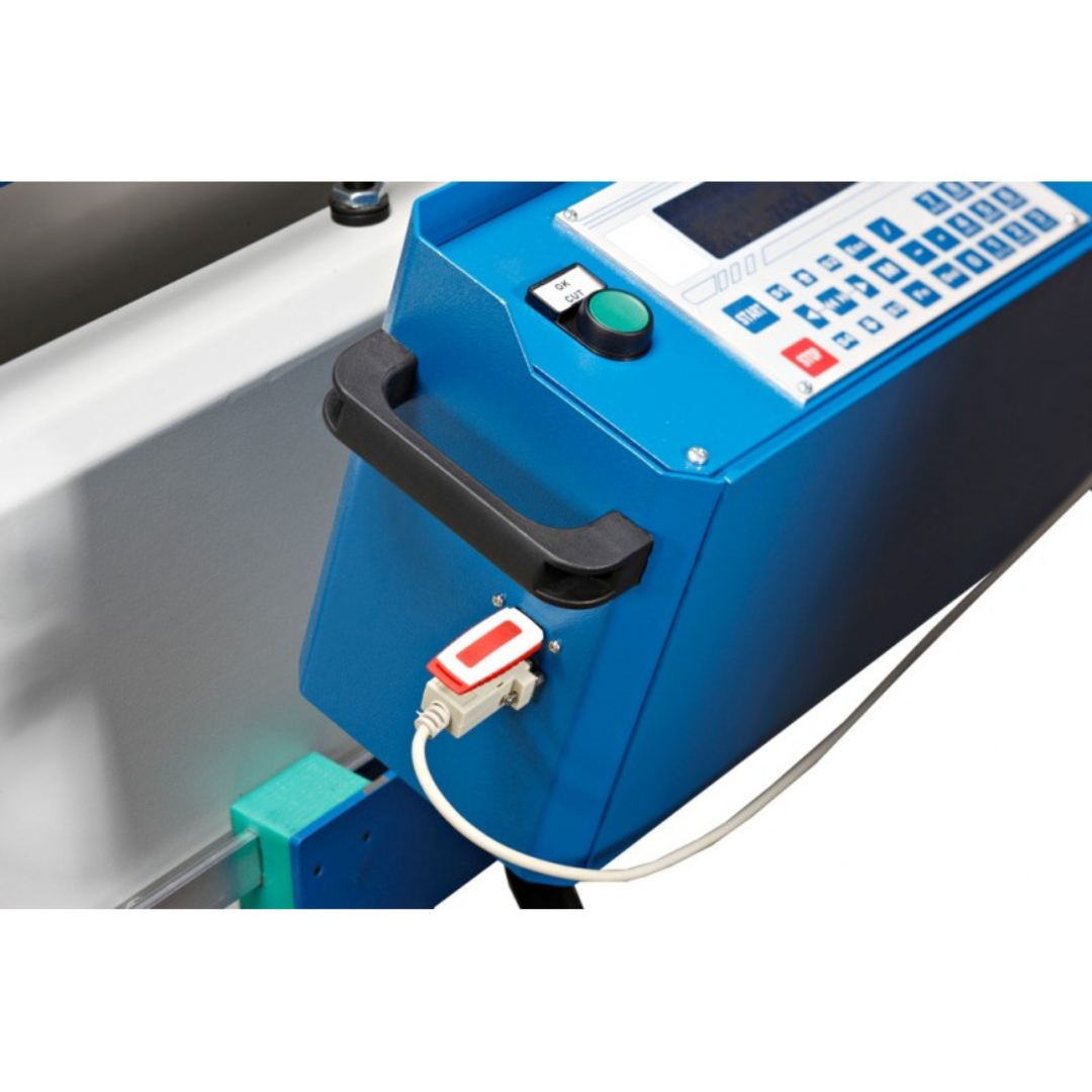 OMGA TR 2B I INT NC Compound Double Mitre Saw close-up of advanced control system with industrial-grade touchscreen and operator controls for automated profile cutting