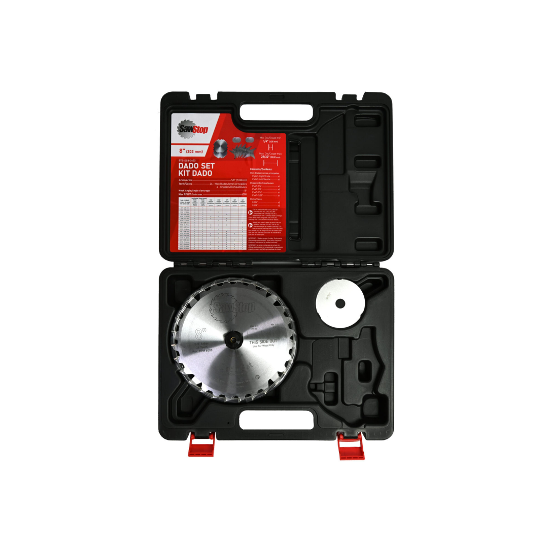 Open SawStop Premium Dado Set BTS-DS8-2402 case displaying complete dado blade components, precision chippers, shims, and organized storage layout for professional woodworking applications.