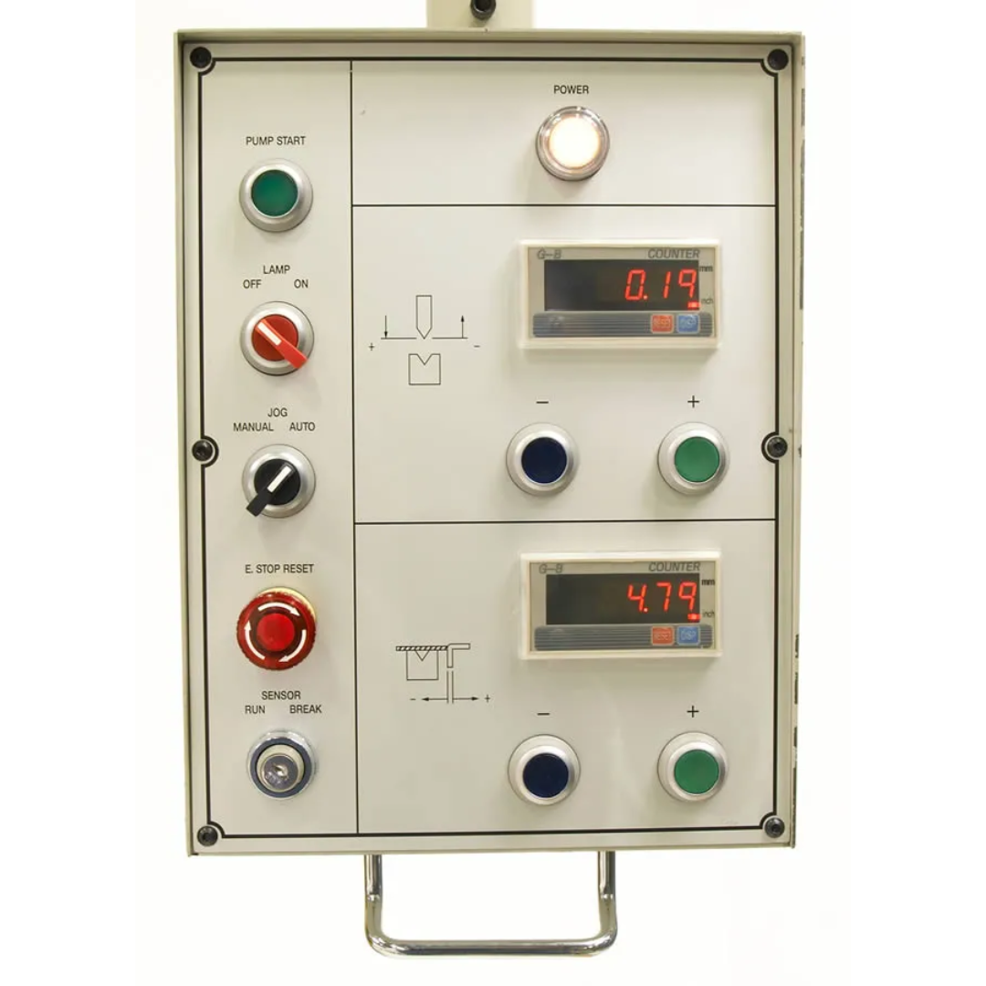 Operator control panel for Baileigh Hydraulic Press Brake BP-9078NC 1000839 featuring machine controls, hydraulic system monitoring, and precision bending adjustments.
