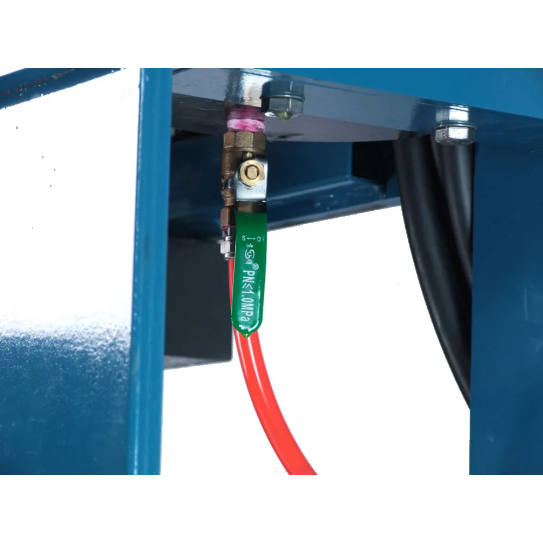 Pneumatic hose and hydraulic line connection detail on the Baileigh 100-Ton Pneumatic H-Frame Shop Press (HSP-100A) 1004759 highlighting industrial air-powered operation.