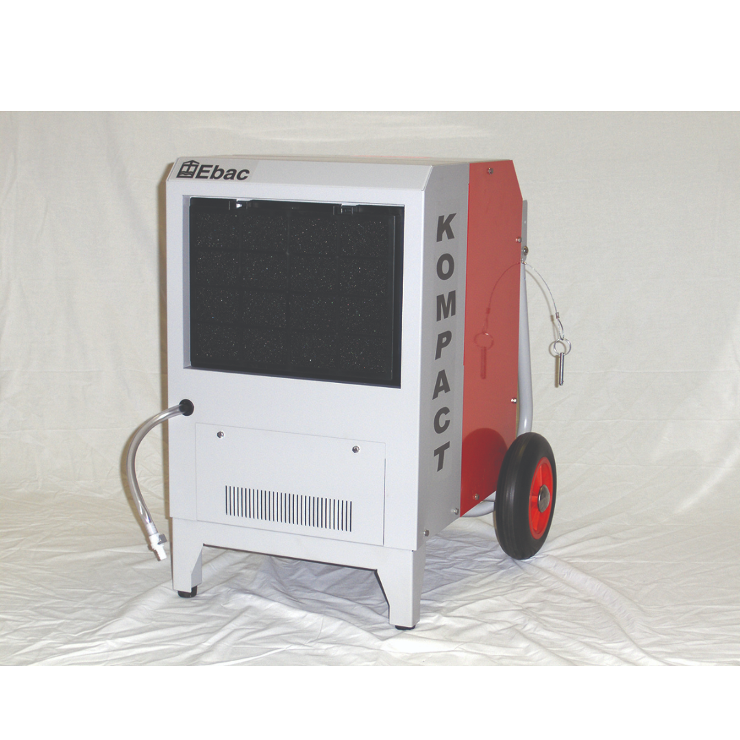 Portable Ebac Kompact Dehumidifier 11240KP-US with rugged white and red steel cabinet, large rear air intake panel, and heavy-duty transport wheels for restoration drying