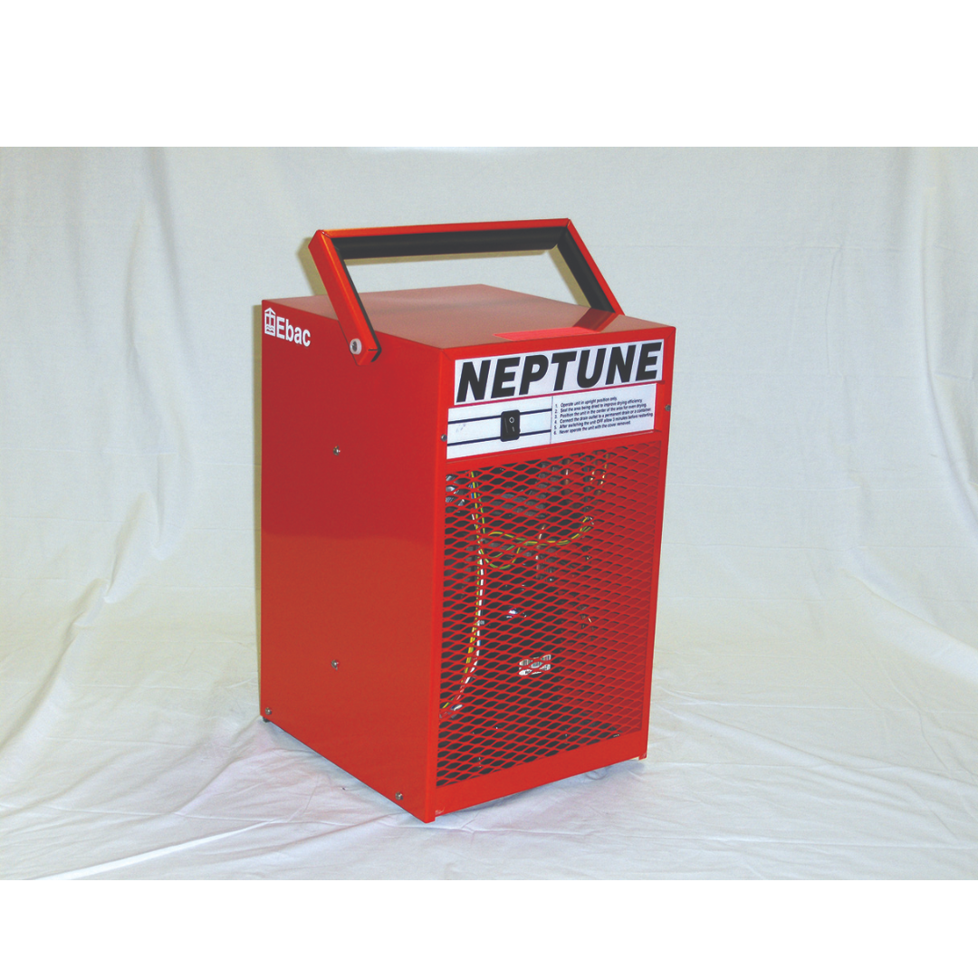 Portable industrial Ebac Neptune Dehumidifier 10199GR-US with heavy-duty red steel housing, integrated carry handle, and high-capacity front air intake grille