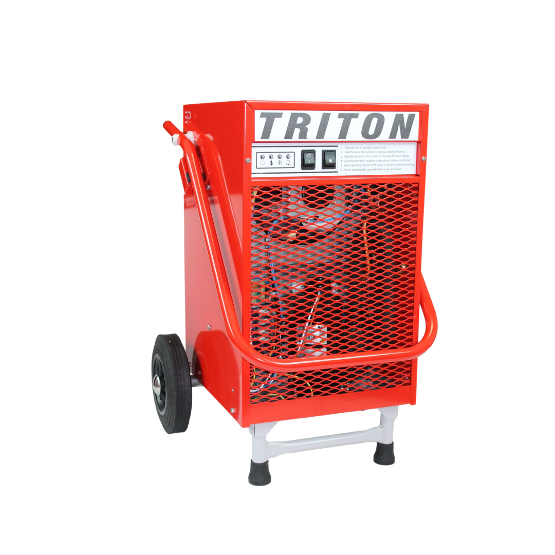 Portable industrial Ebac Triton Dehumidifier 13393GR-US with rugged red steel chassis, front air intake grille, and integrated transport handle and wheels