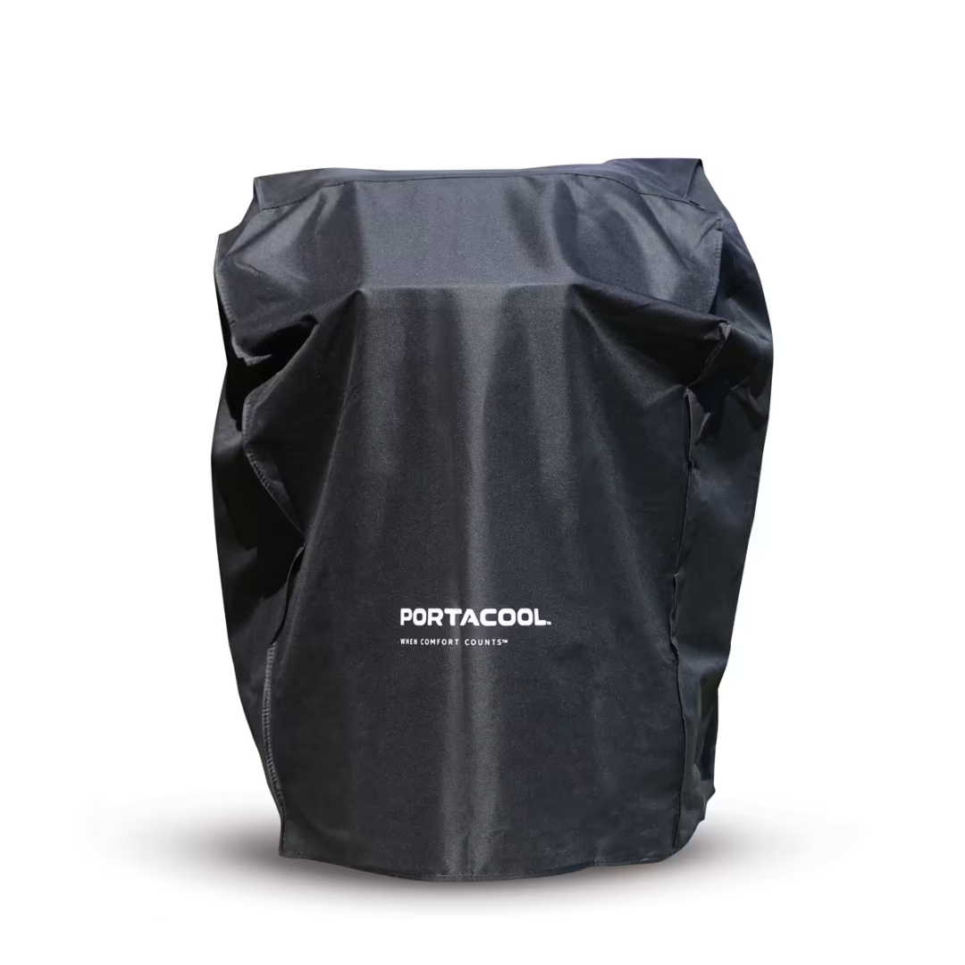 Portacool Apex 500 and Jetstream 220 Protective Cover installed view showing the durable weather-resistant cover protecting a Portacool evaporative cooler from dust, debris, and outdoor elements