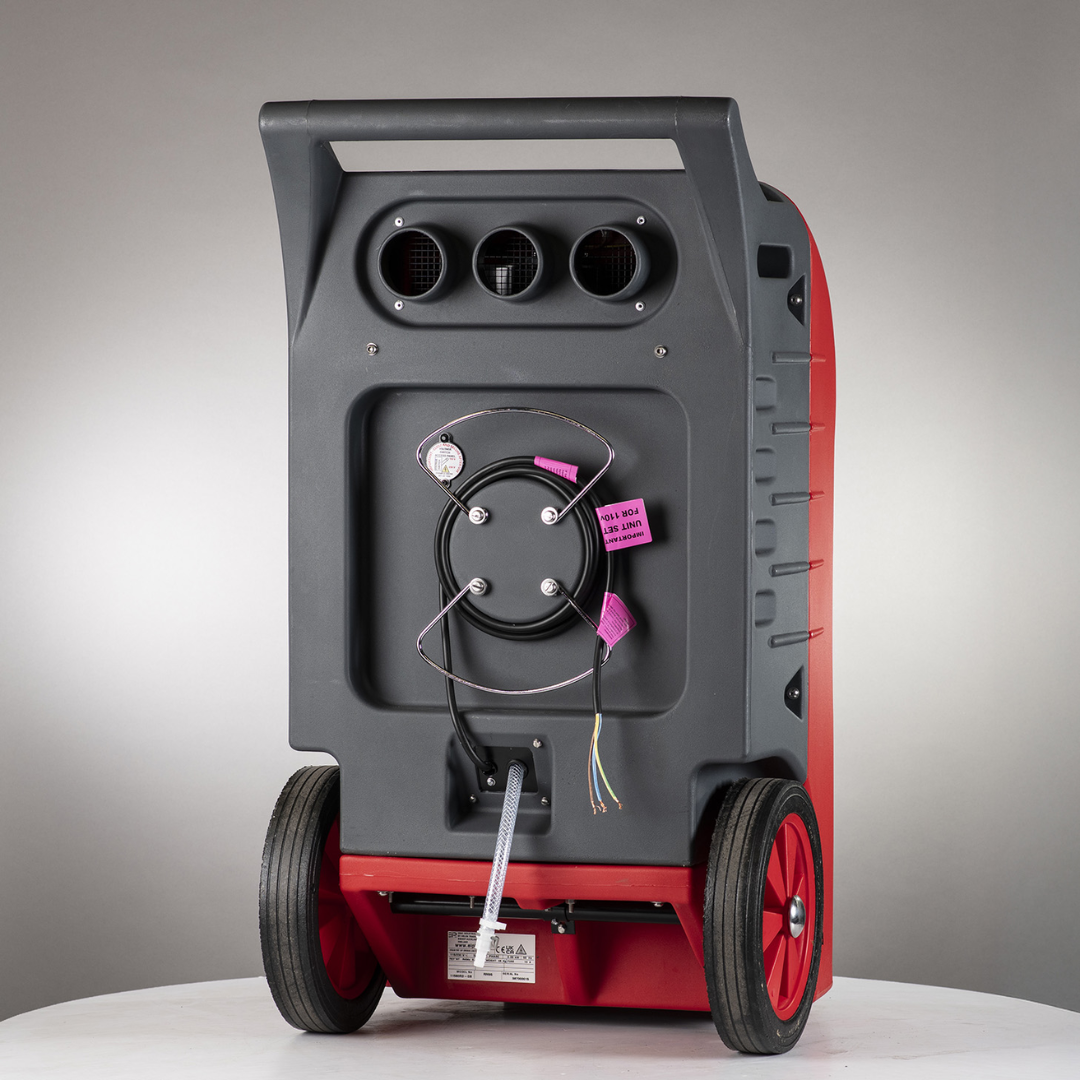 Rear control panel view of Ebac RM85/RM85-H Dehumidifier showing integrated controls, drainage connections, and mobile restoration drying unit design