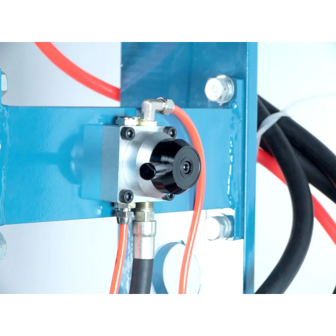 Rear electrical and pneumatic connection assembly of the Baileigh 100-Ton Pneumatic H-Frame Shop Press (HSP-100A) 1004759 showing integrated control and air supply components.