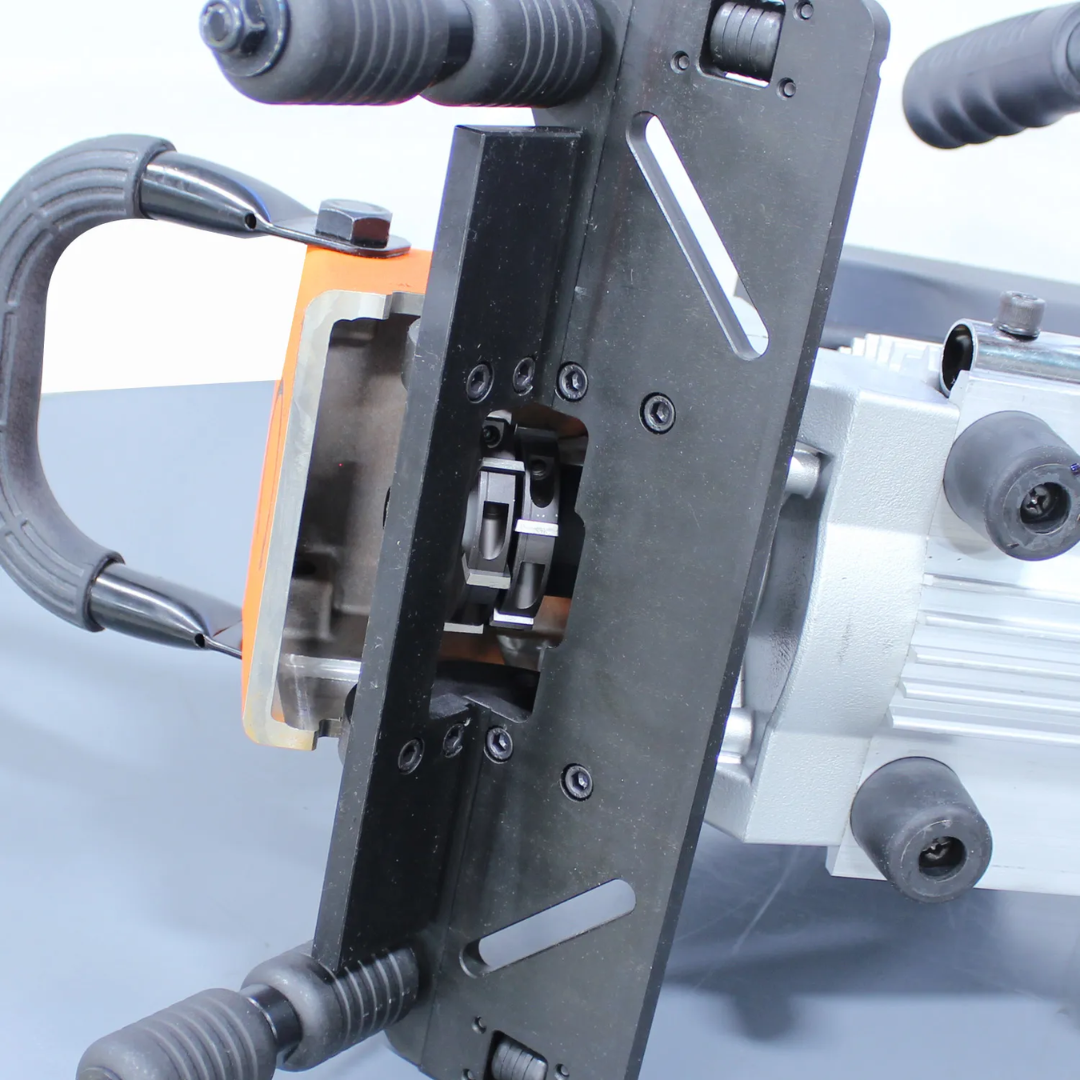 Rear frame and adjustment mechanism of the Baileigh Electric Plate and Pipe Beveler (CM-060PR) 1016602 displaying guide system and positioning controls.