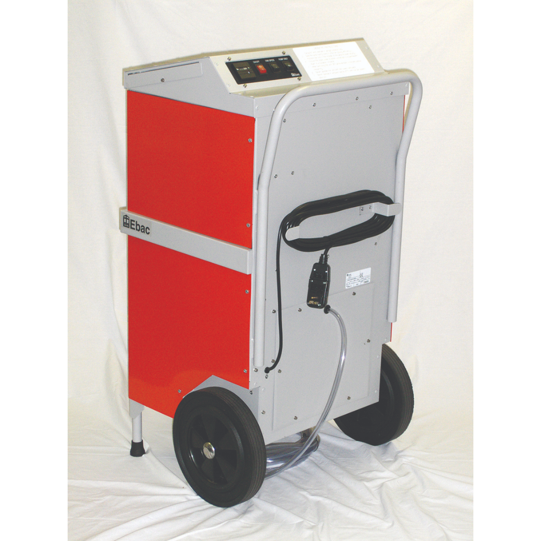 Rear side view of Ebac Orion Dehumidifier 11270GR-US showing transport handle, rugged wheels, and portable industrial dehumidification system