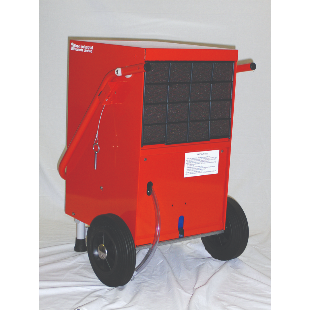 Rear side view of Ebac Triton Dehumidifier 13393GR-US showing heavy-duty wheeled frame and industrial drying unit designed for water damage restoration