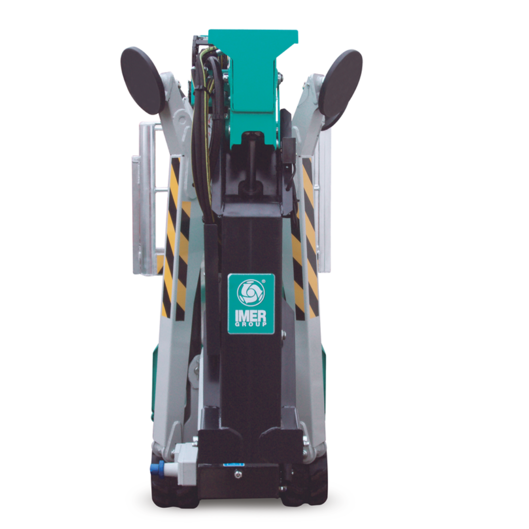 Rear view of IMER IM R19 Articulated & Telescopic Lift featuring compact tracked base, stabilizer system, and articulated boom lift structure.