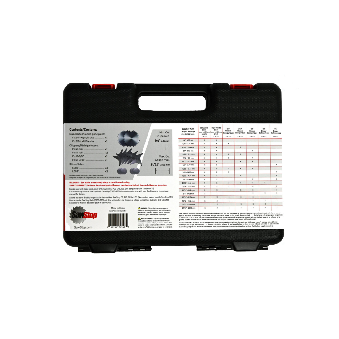 Rear view of the SawStop Premium Dado Set BTS-DS8-2402 carrying case showing product information, specifications, and secure storage design for blade protection and transport.