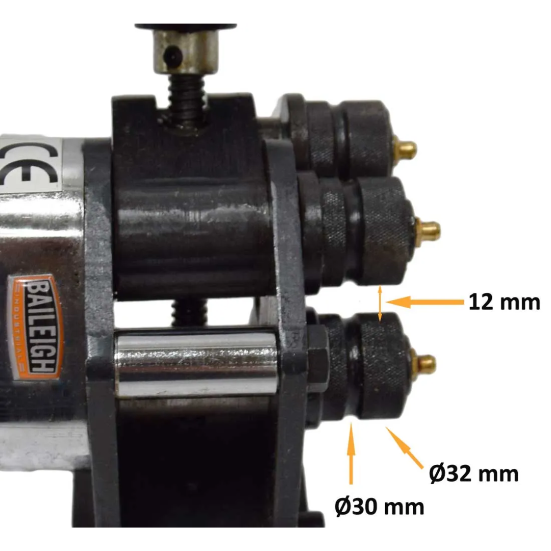 Roller profile detail on the Baileigh Manual Roll Bender (R-M3) 1006851 displaying multiple groove sizes for forming various material profiles and dimensions.